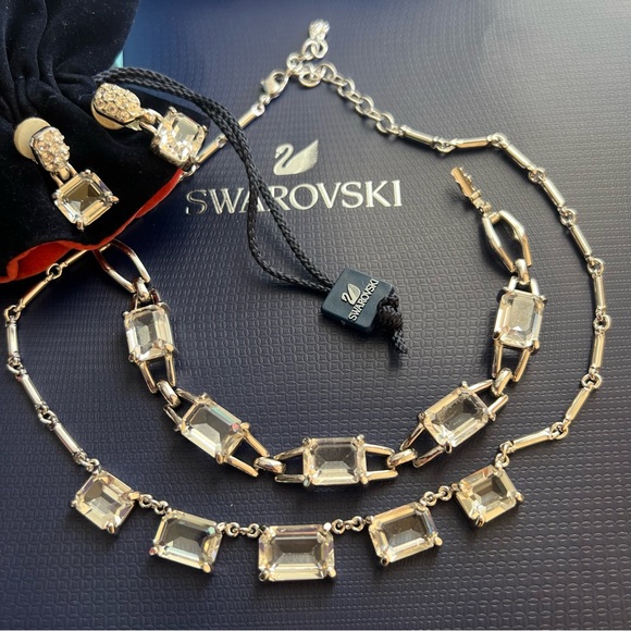 AUTHENTIC Swarovski Emerald-cut Crystal Necklace & Earrings SET Vintage - Picture 5 of 17